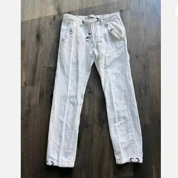 Guess Linen Blend White Cargo Pants Size L/32 Lightweight Resort Drawstring - Picture 1 of 9